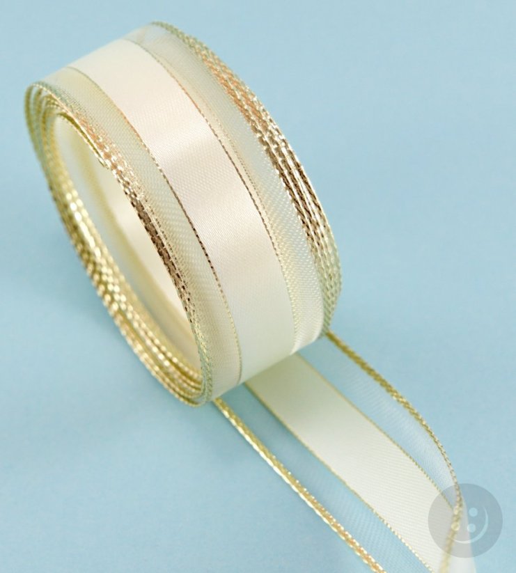 Wired ribbon - gold, cream - width 2.5 cm