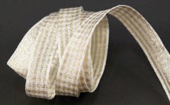 Decorative checkered ribbon - white, gold - width 1.5 cm