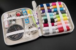 Sewing kit in case - with peacock designs - artificial leather - white - size 12 x 14 cm