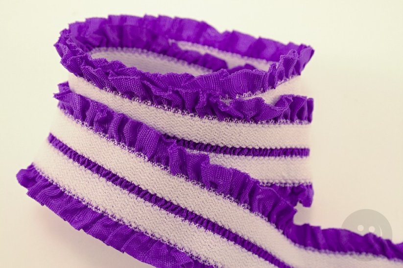 Decorative ruffle trim elastic - purple, white - width 3.5 cm