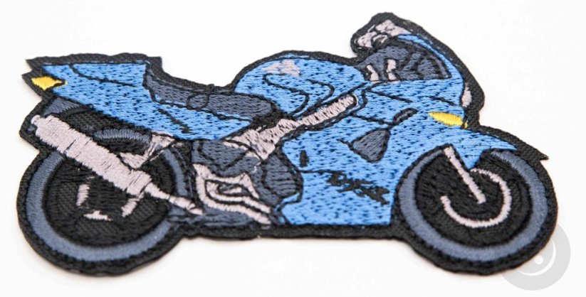 Nažehlovací záplata - motorka - modrá - rozměr 8,5 cm x 5,5 cm