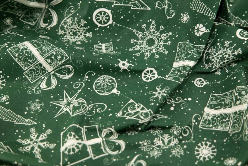 Bavlněné plátno - bílé vánoční motivy na zeleném podkladu