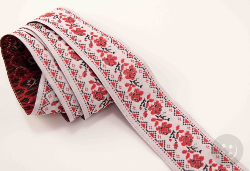 Trachtenband - weiß mit roten Rosen und gezacktem Rand - Breite 3,2 cm