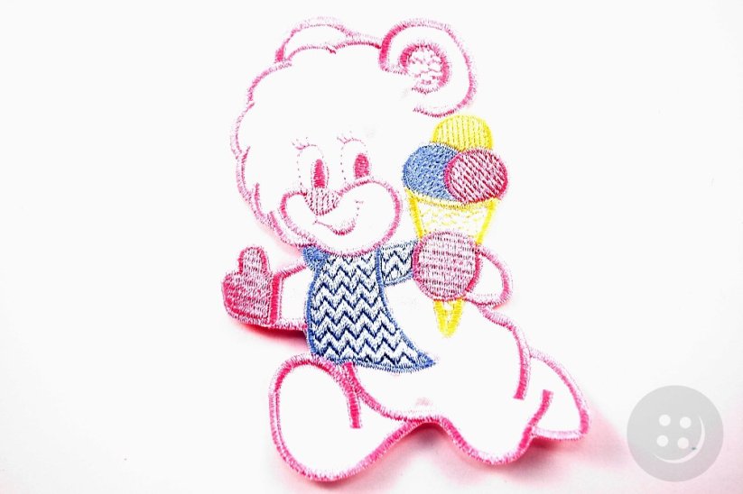 Sew-on patch - Teddy bear with ice cream - pink, blue, white, yellow - dimensions 12 cm x 7 cm