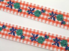 Decorative checkered ribbon with flowers - red. white, blue, green - width 2.2 cm
