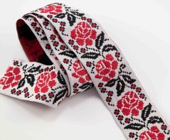 Festive ribbon - white with red flowers and black leaves - width 3.5 cm