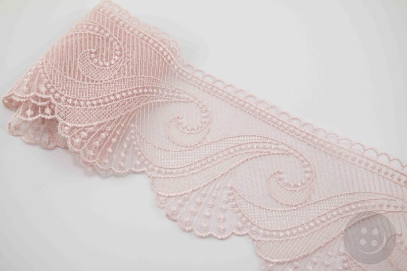 Luxurious lace embroidered on tulle - powder pink - width 10.5 cm