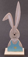 Dřevěný velikonoční zajíček s ušima na podstavci - rozměr 17,5 cm x 4,5 cm x 3,5 cm - světle modrá, světlé dřevo, černá