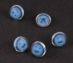 Dětský knoflík - modrý smajlík na průhledném podkladu - průměr 1,5 cm