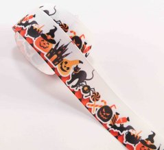 Rypsová stuha s motívmi halloween - biela, oranžová, čierna - šírka 2,5 cm