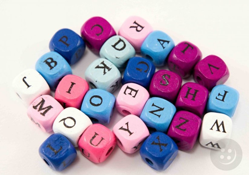 Wooden beads in the shape of a cube with letters - color mix - package contains 26 pcs