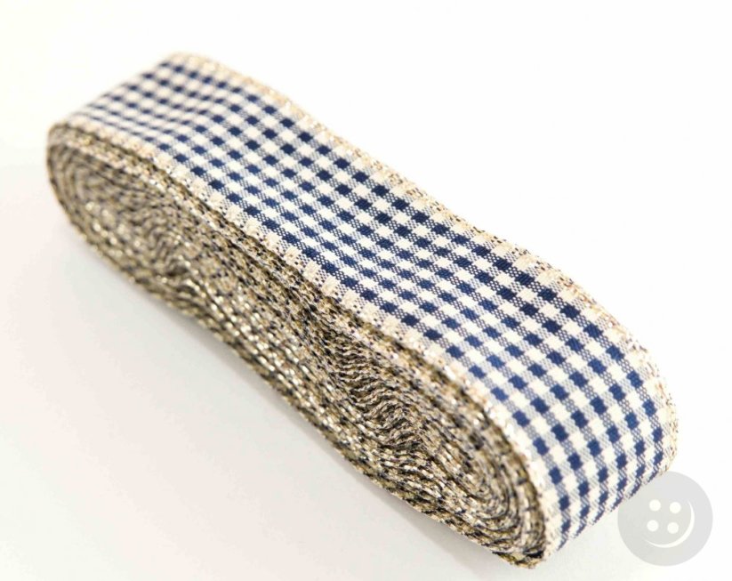 Decorative checkered ribbon - cream, blue, gold - width 2.5 cm
