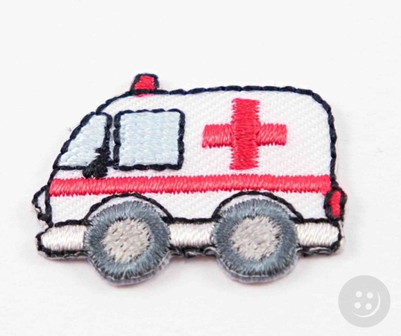 Iron-on patch - Ambulance - white, black, red - dimensions 3,5 cm x 2,5 cm