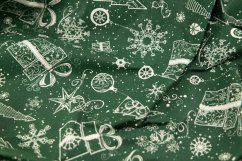 Bavlněné plátno - bílé vánoční motivy na zeleném podkladu