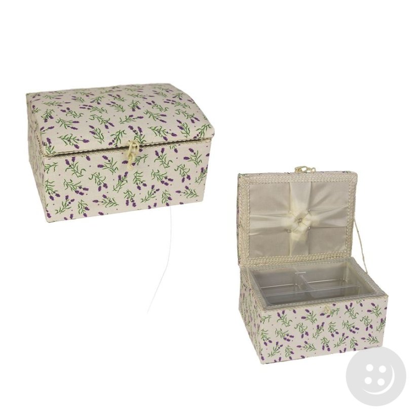 Textile box for sewing supplies - beige, purple, green - dimensions 20 cm x 15 cm x 11 cm