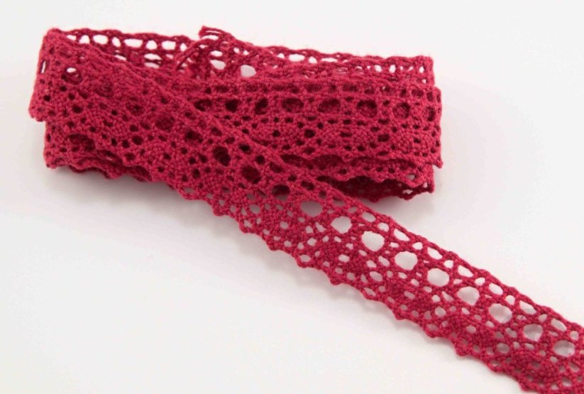 Bavlnená paličkovaná čipka - jemné zúbky - malinová - šírka 1,5 cm