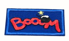 Patch zum Aufbügeln - BOOOM - blau, rot - Größe 6 cm x 3,5 cm