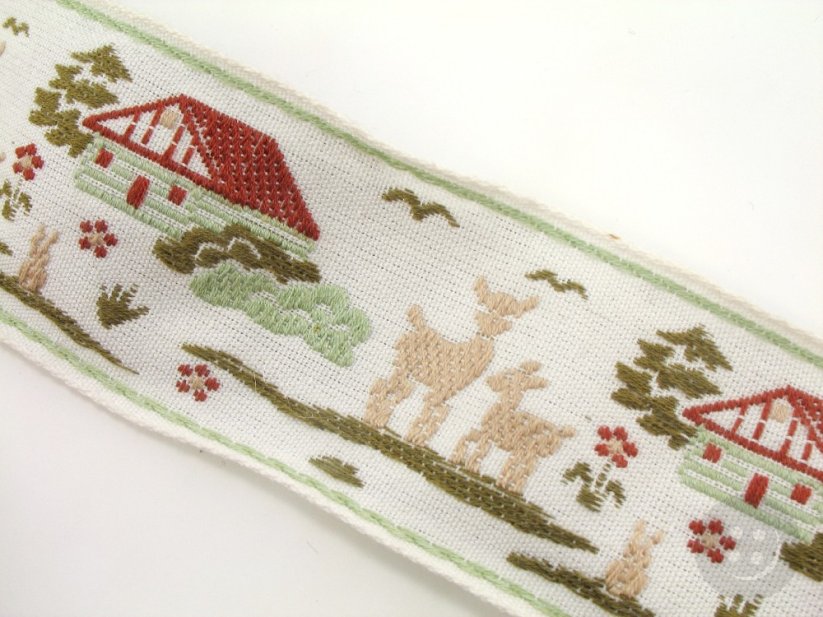 Hunting decorative ribbon with deer - cream, green, red - width 5 cm