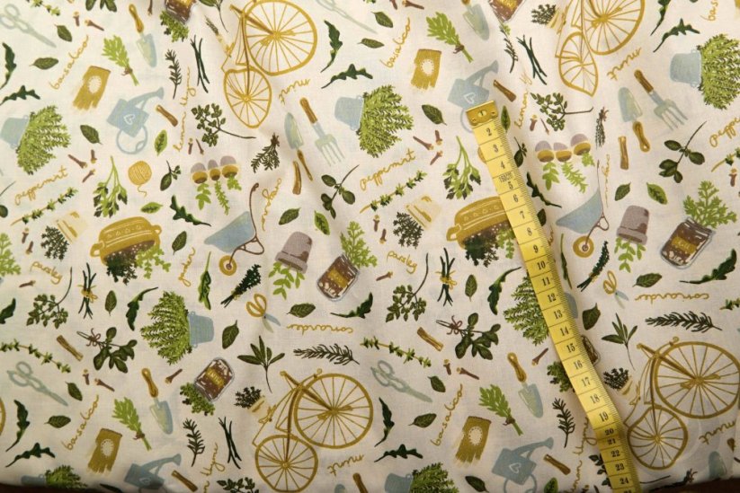 Cotton fabric - herb motifs on cream background