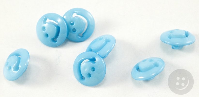 Smiley face shaped shank button - blue - diameter 1,5 cm