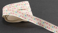 Cotton ribbon with spring flowers - cream, pink, light blue - width 1.5 cm