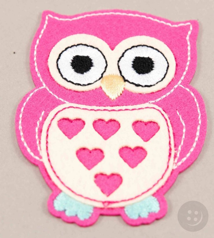 Iron-on patch - owl with hearts - dimensions 7.5 cm x 6 cm - pink, gray