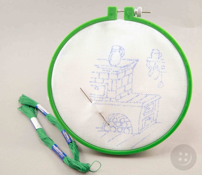 Detská predloha na vyšívanie s plastovým rámčekom - pec - priemer 15 cm