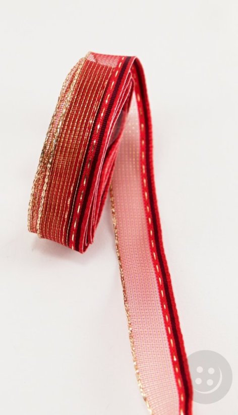 Mřížkovaná stuha - červená, zlatá - šíře 1,5 cm