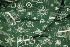 Bavlnené plátno - biele vianočné motívy na zelenom podklade