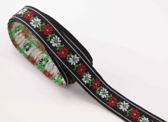 Festive ribbon - black with red and white flowers - width 1.6 cm