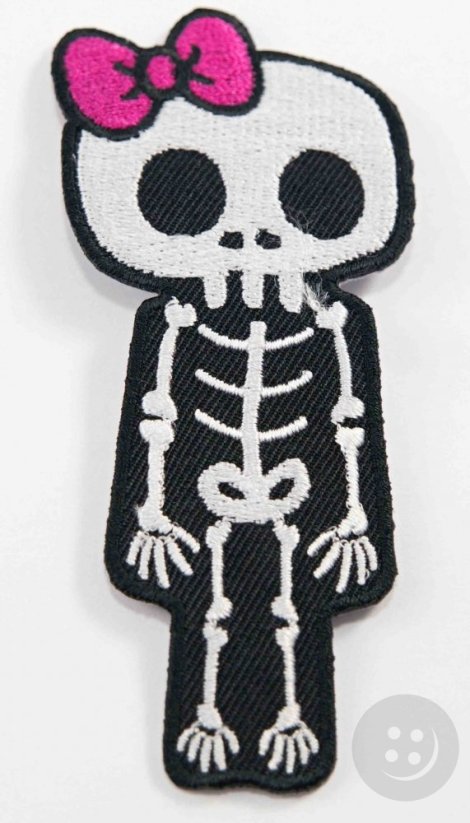 Iron-on patch - skeleton with pink bow - dimensions 10 cm x 4 cm - silver