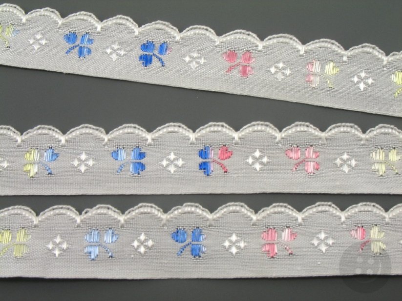 Embroidered decorative ribbon - blue, white, pink - width 1.5 cm
