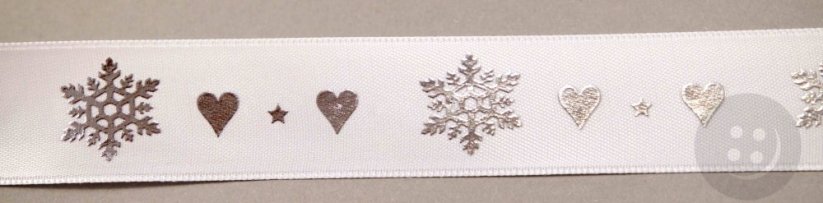 Christmas decorative ribbon with snowflakes and hearts - white, silver - width 2.5 cm