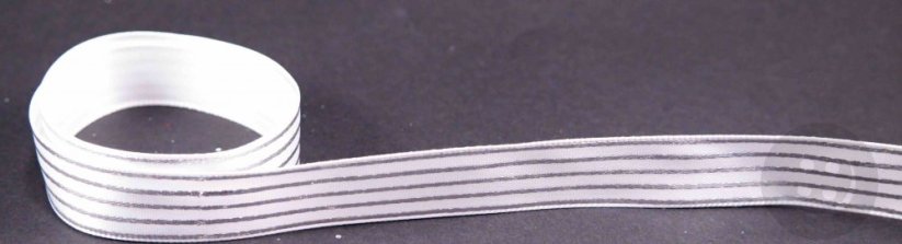 Ribbon with silver stripes - white, silver - width 1,5 cm