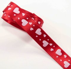 Satin ribbon with hearts - red, white - width 2 cm