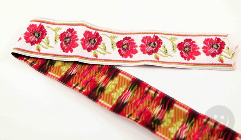 Costume ribbon - white with poppies - width 3 cm