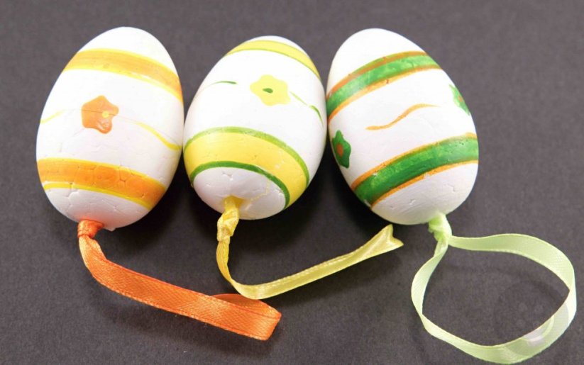 Light polystyrene eggs with flowers on a ribbon - 3 pieces - green, yellow, orange
