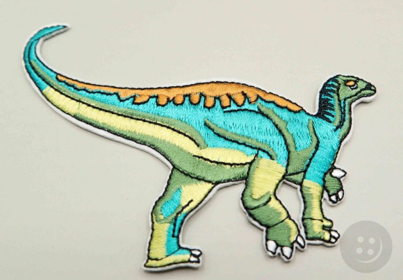 Iron-on patch - Iguanodon - turquoise, green - size 10 cm x 5 cm