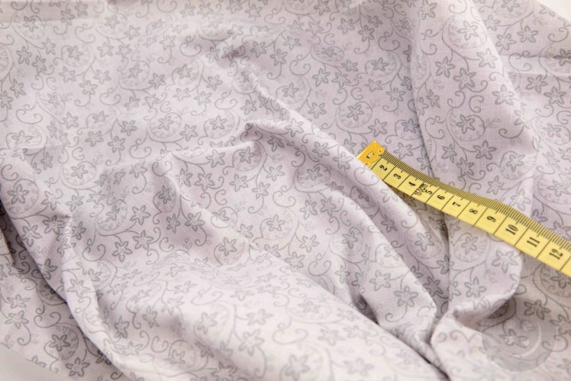 Bavlnené plátno - sivé kvietky na stonke na svetlosivom podklade - šírka 140 cm