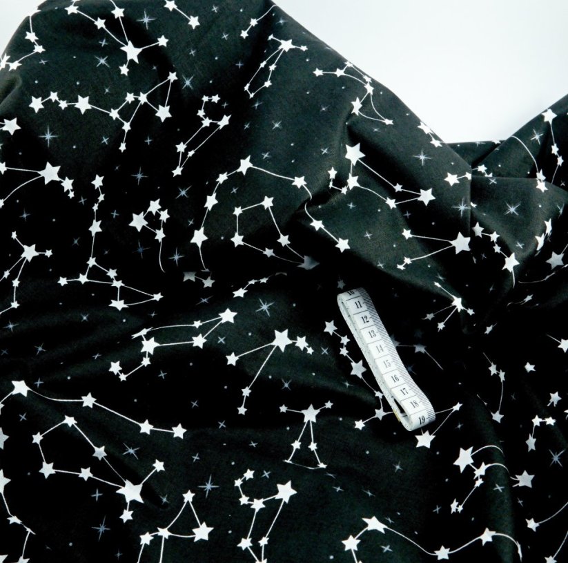 Cotton canvas with a motif of the starry night sky - black, white - width 160 cm
