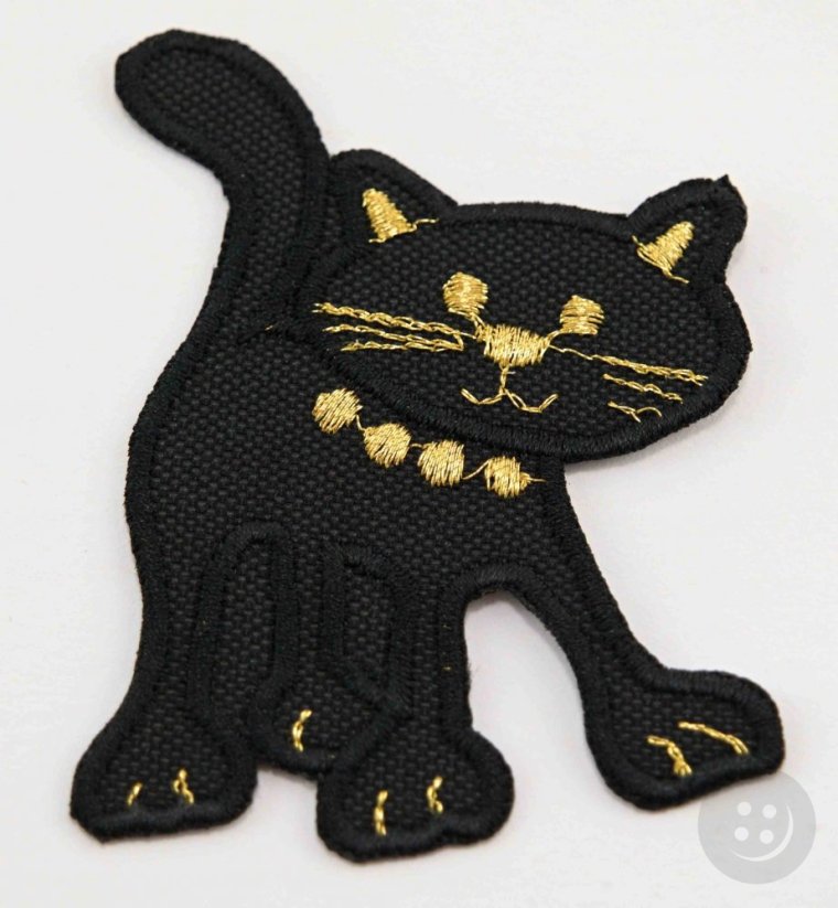 Iron-on patch - black cat with gold decorations, standing - size 7.5 cm x 7 cm