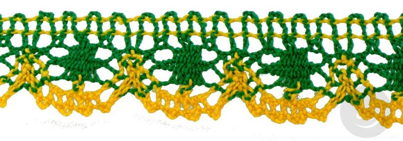 Bavlnená paličkovaná čipka - zelená a žltá - šírka 2,6 cm