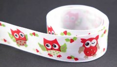 Ripsband mit Eulen - weiß, rot, grün - Breite 2,5 cm