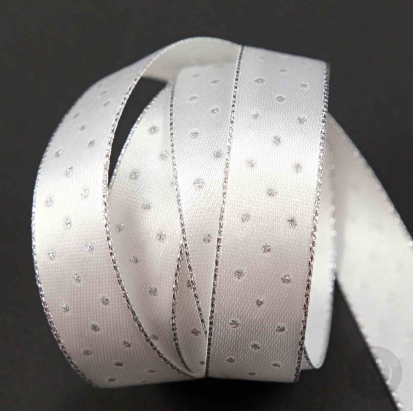 Ribbon with silver edge and dots - silver, white - width 1,5 cm