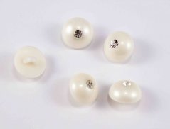 Button with rhinestone, shiny, convex, with bottom stitching - off white, mother of pearl - diameter 1.7 cm