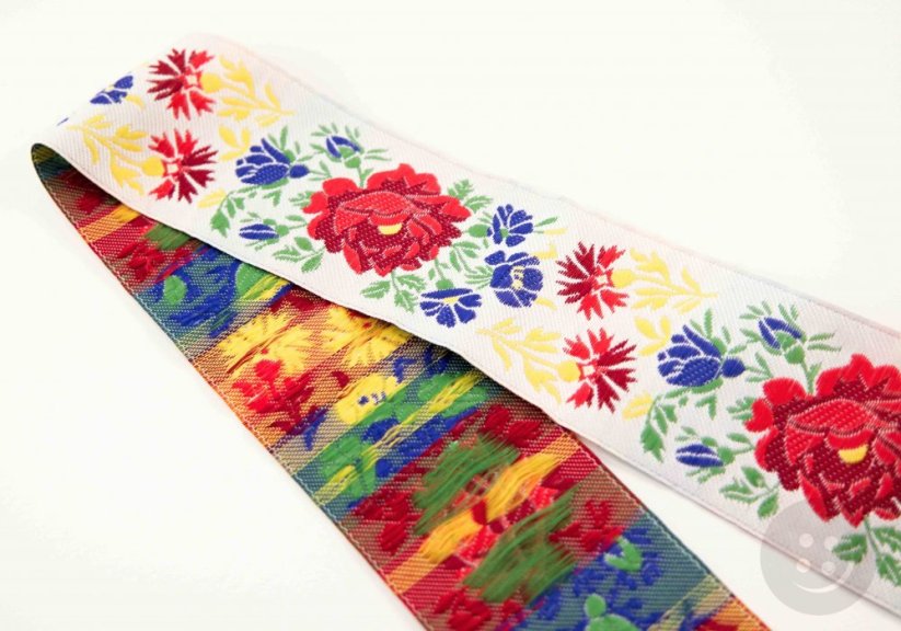 Costume ribbon - white with colorful flowers - width 5 cm