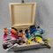 A mixture of Moulline embriodery yarns in a box made of pine wood