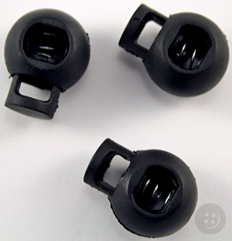 Plastic round cord lock - black - pulling hole diameter 0,7 cm