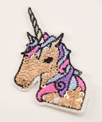 Iron-on patch with sequins - Gold unicorn head with pink and blue mane 7 x 7 cm