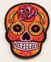 Nažehlovací záplata - Mexická lebka - Día de Muertos - oranžová - rozměr 5,5 cm x 5 cm
